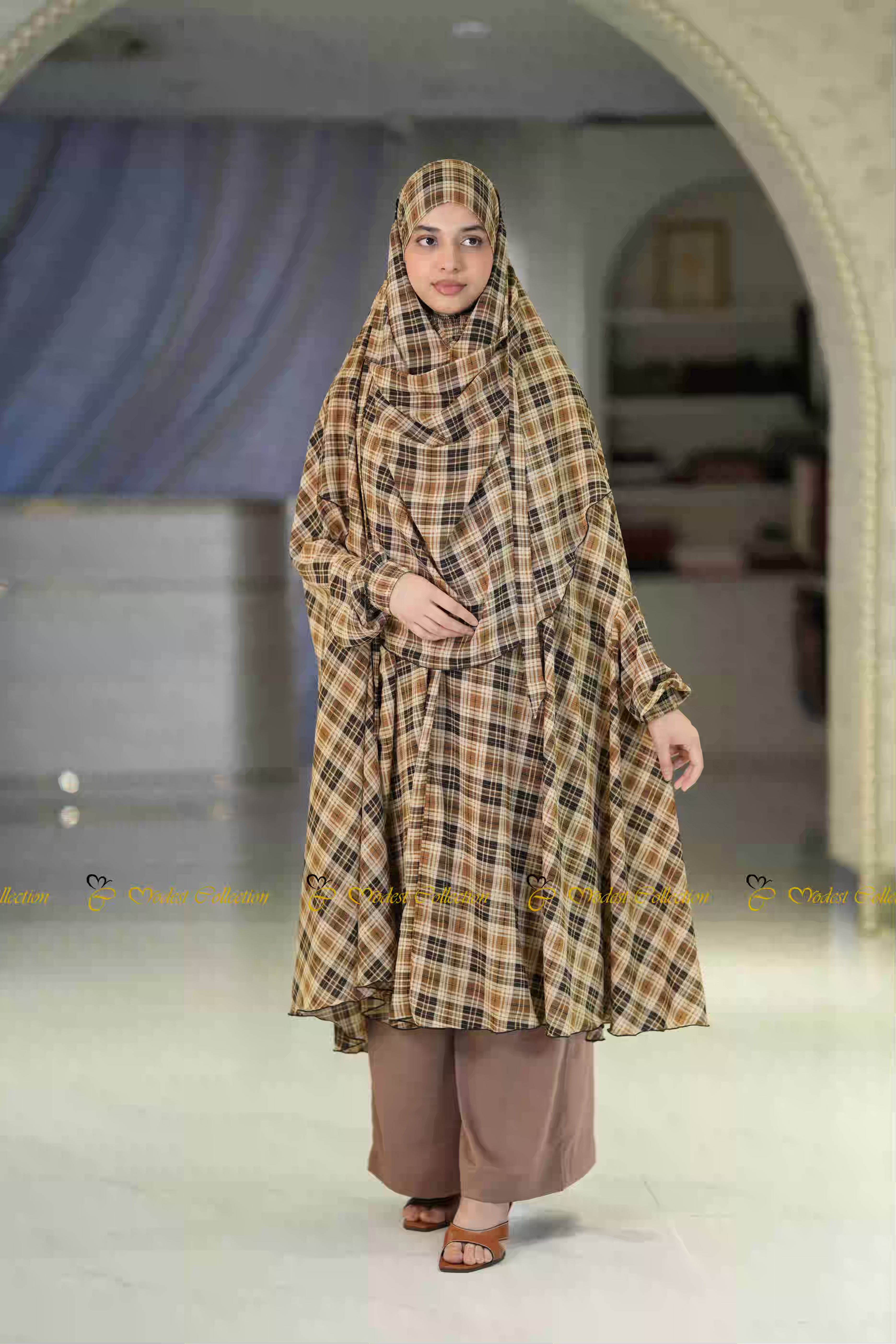 Georgette Khimar Plaid Brown