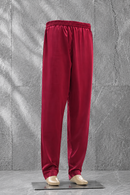 Maroon trousers by Modest Collection featuring a fully elasticized waist, pleated hemline, and breathable CEY fabric, perfect for summer modest wear