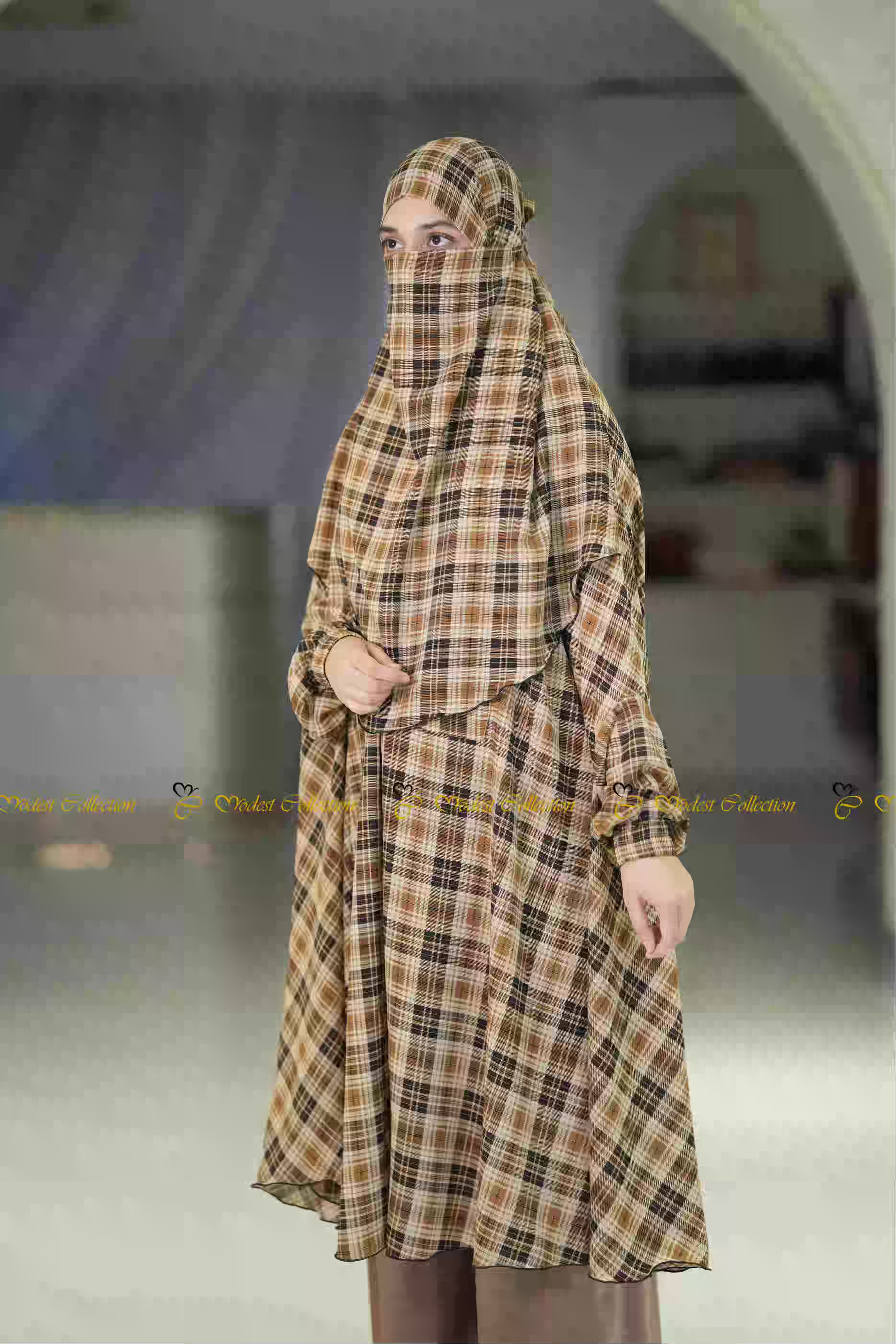 Georgette Khimar Plaid Brown