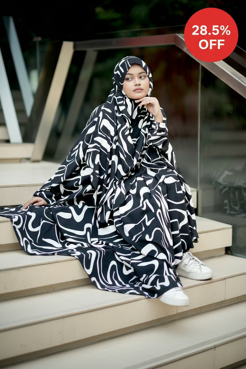 Woman wearing black georgette khimar with elegant modest fashion styling