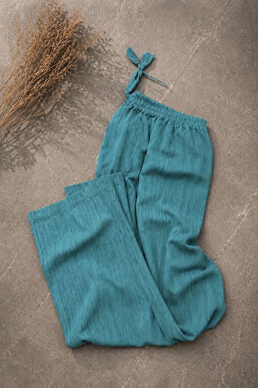 Modern urban woman wearing sea green textured georgette trousers, styled for a sleek and modest professional look.