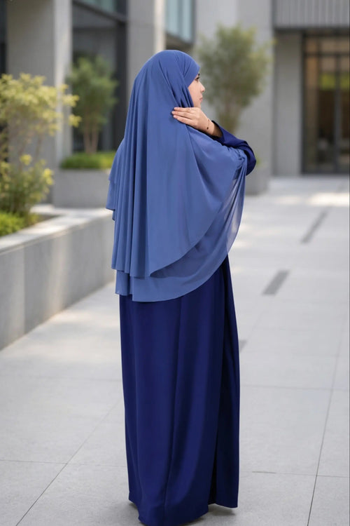 Close-up of the secure, adjustable tie-back system on a mesh jilbab.