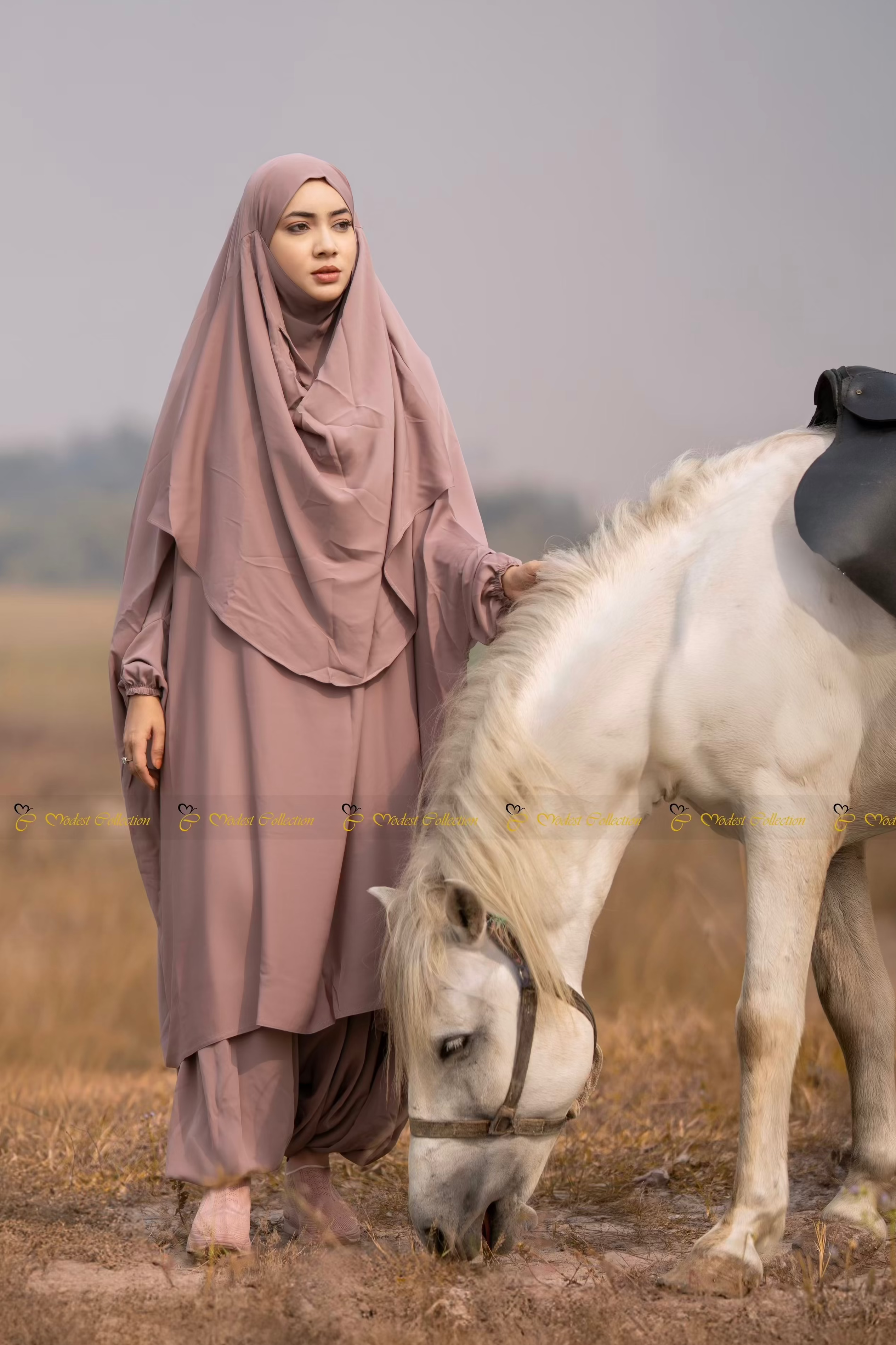 Woman wearing red georgette jilbab with elegant modest fashion styling