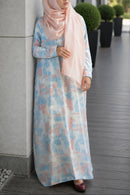 Autumn A-Line Abaya in blended georgette with an 80-inch flare, front buttons, and zipper pockets.