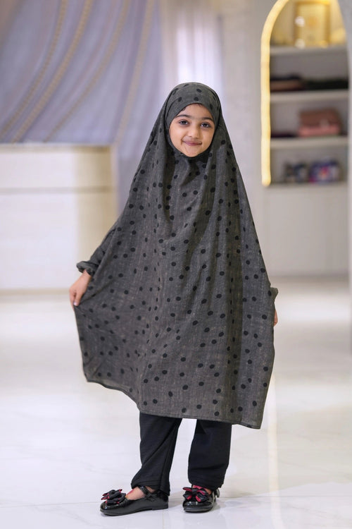 Baby khimar for girls in grey polka dot georgette fabric, lightweight summer modest wear for mom daughter matching and Umrah