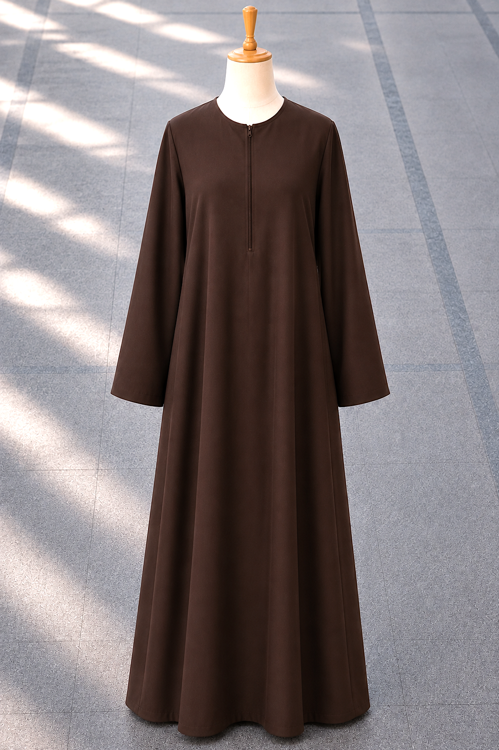 Coffee brown slip dress abaya with 80-inch flare and front zipper opening in premium cherry fabric