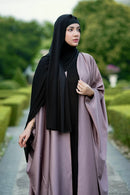 Elegant flared party wear abaya set with glisten black jersey inner dress and matching hijab