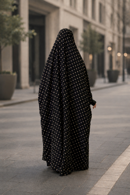 Full length black jilbab with attached niqab made from lightweight non transparent georgette fabric featuring finger glove sleeves and adjustable head belt for comfortable everyday modest wear