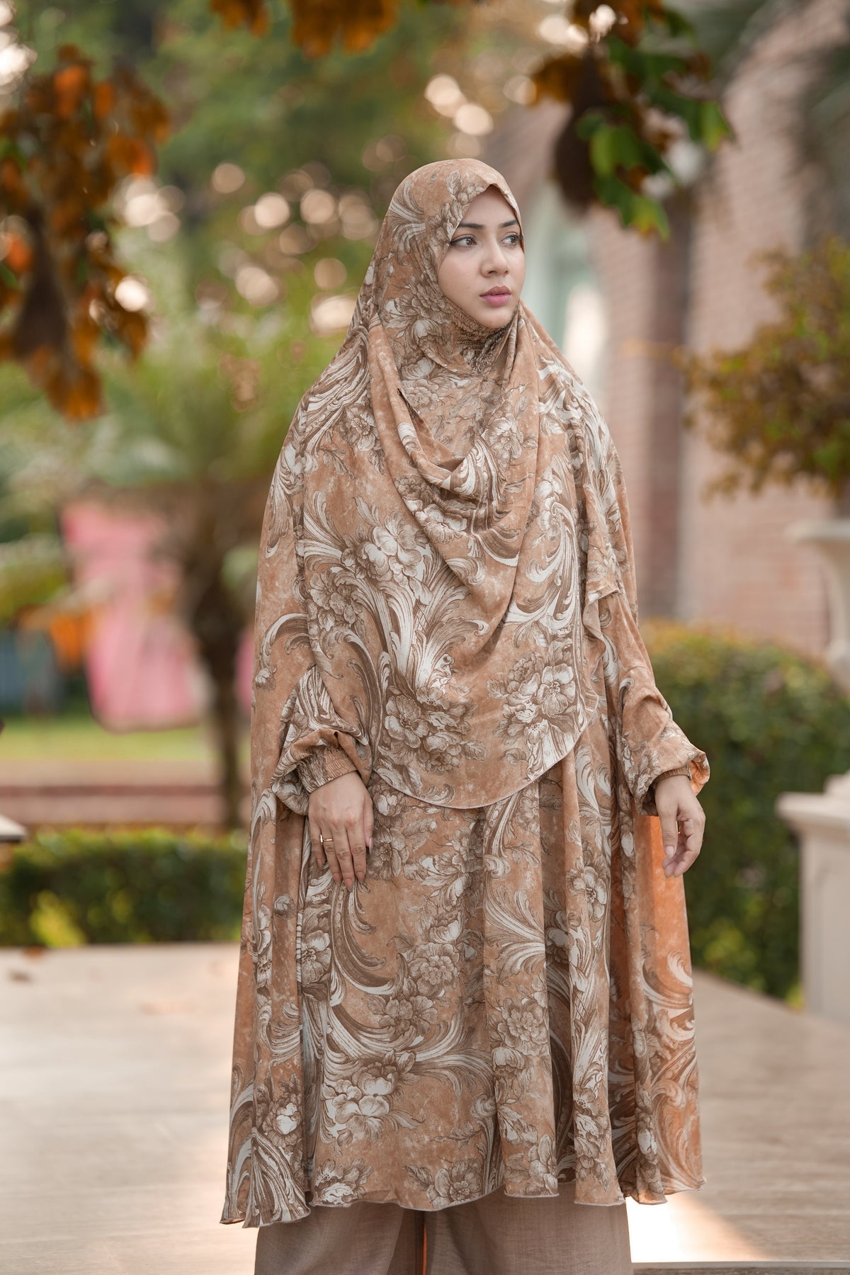 Side view of Golden Sand Georgette Khimar highlighting the hidden pocket detail