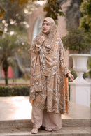 Georgette Khimar Golden Sand in soft floral printed fabric worn outdoors