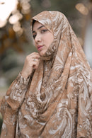 Close up of smocked chin line on Golden Sand Georgette Khimar for comfortable fit