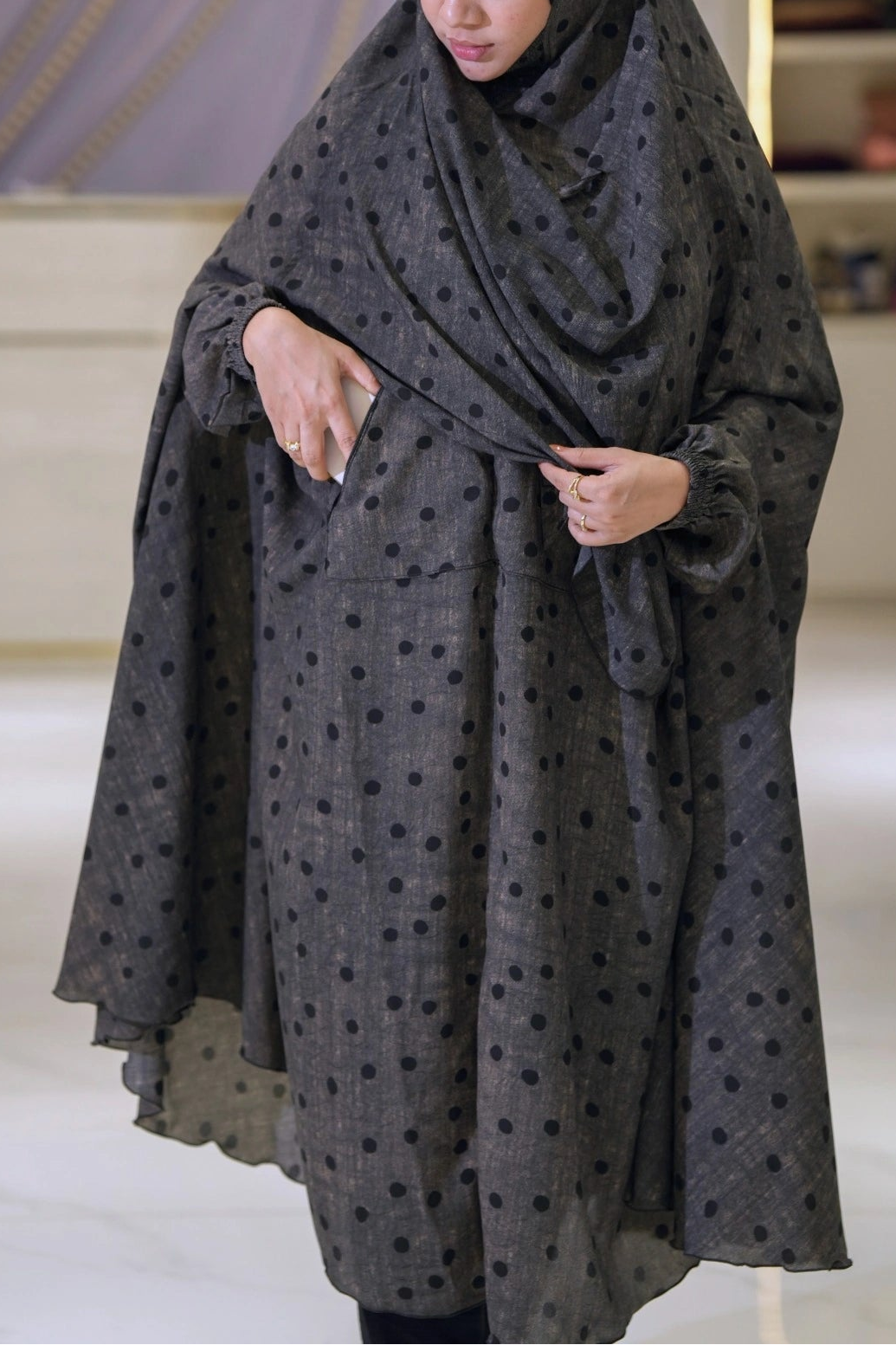 Grey polka dot khimar with functional pockets, lightweight georgette modest wear for summer prayer and daily use