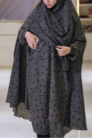 Grey polka dot khimar with functional pockets, lightweight georgette modest wear for summer prayer and daily use