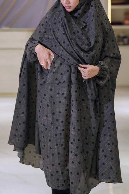 Grey polka dot khimar with functional pockets, lightweight georgette modest wear for summer prayer and daily use