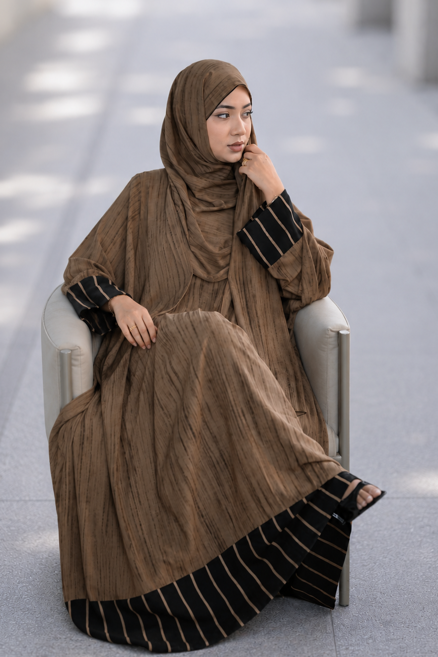 Hazel brown pleated abaya with zipper pockets and coordinating hijab