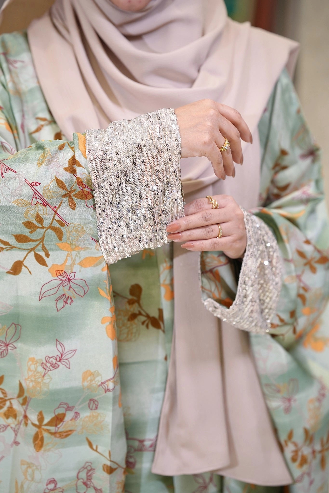 close view of a maternity kaftan designed by modest collection