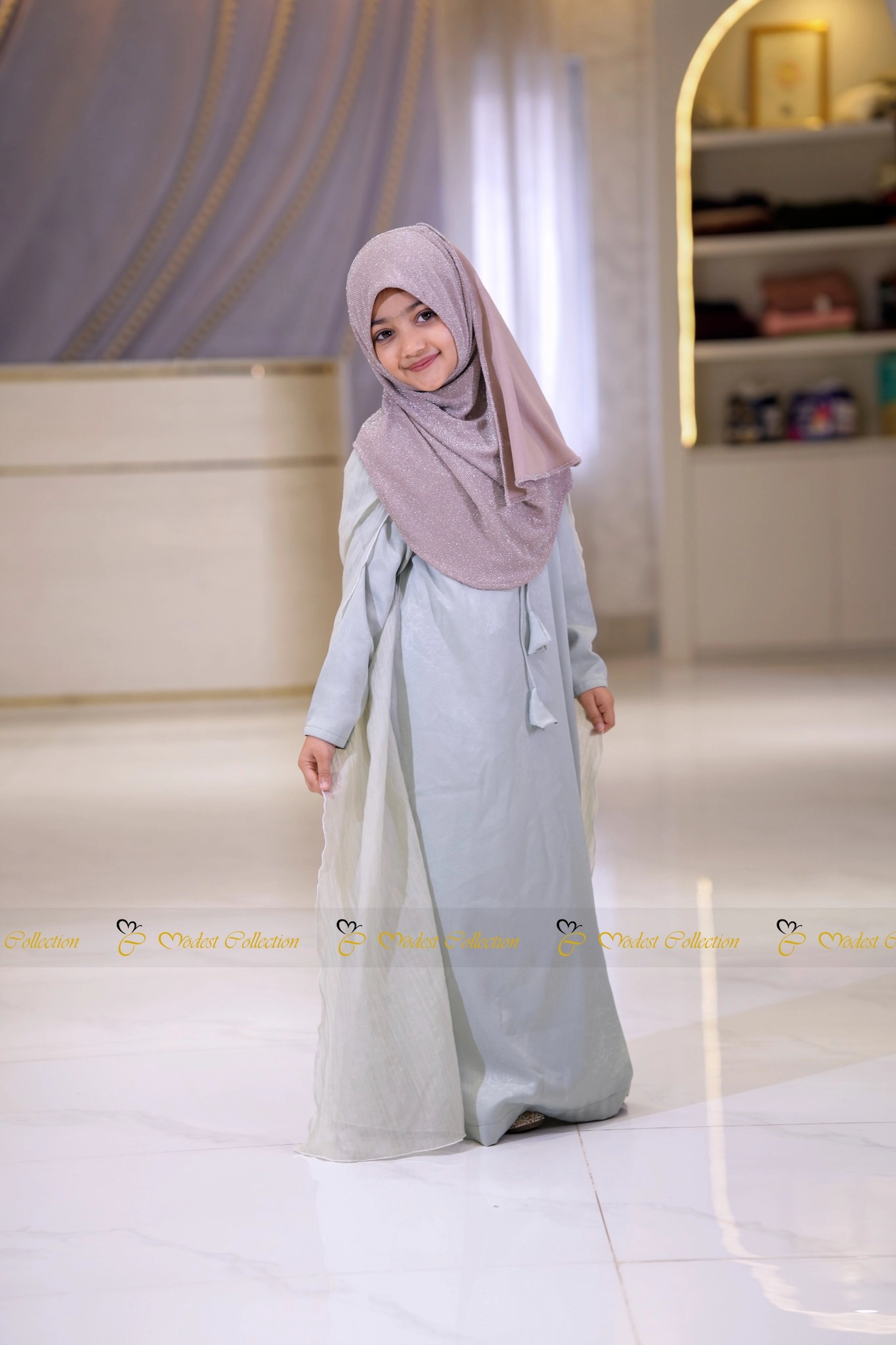 Premium Elsa inspired modest dress for kids with flowing cape detail and matching family look