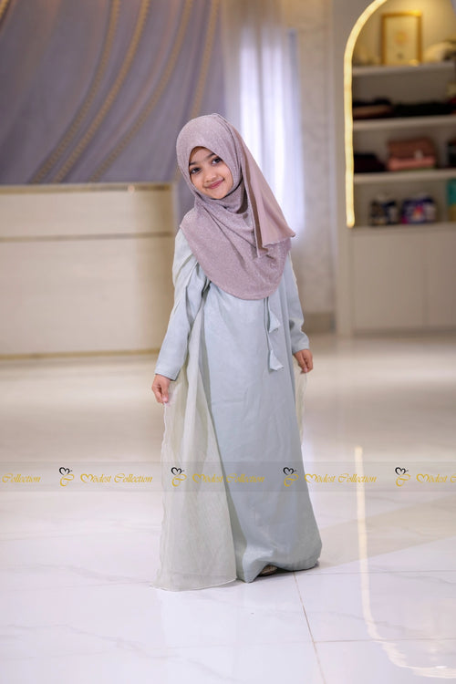 Premium Elsa inspired modest dress for kids with flowing cape detail and matching family look