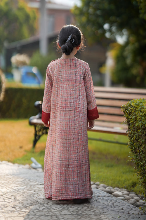 Back view and sleeve design detail of the Little Meadow Abaya for kids.