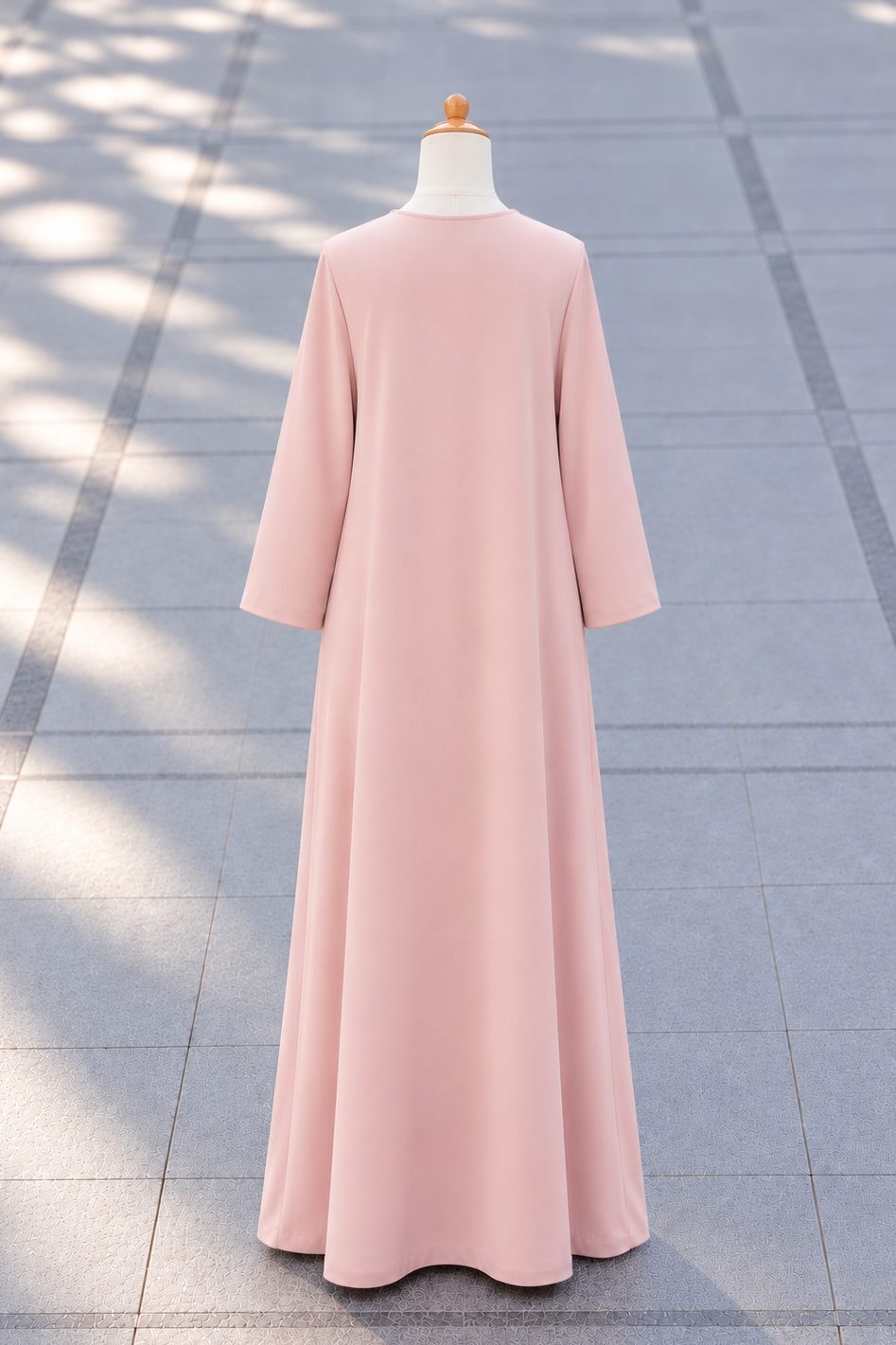 Full length view of Lux Pink slip dress showing 70 inch wide flare drape