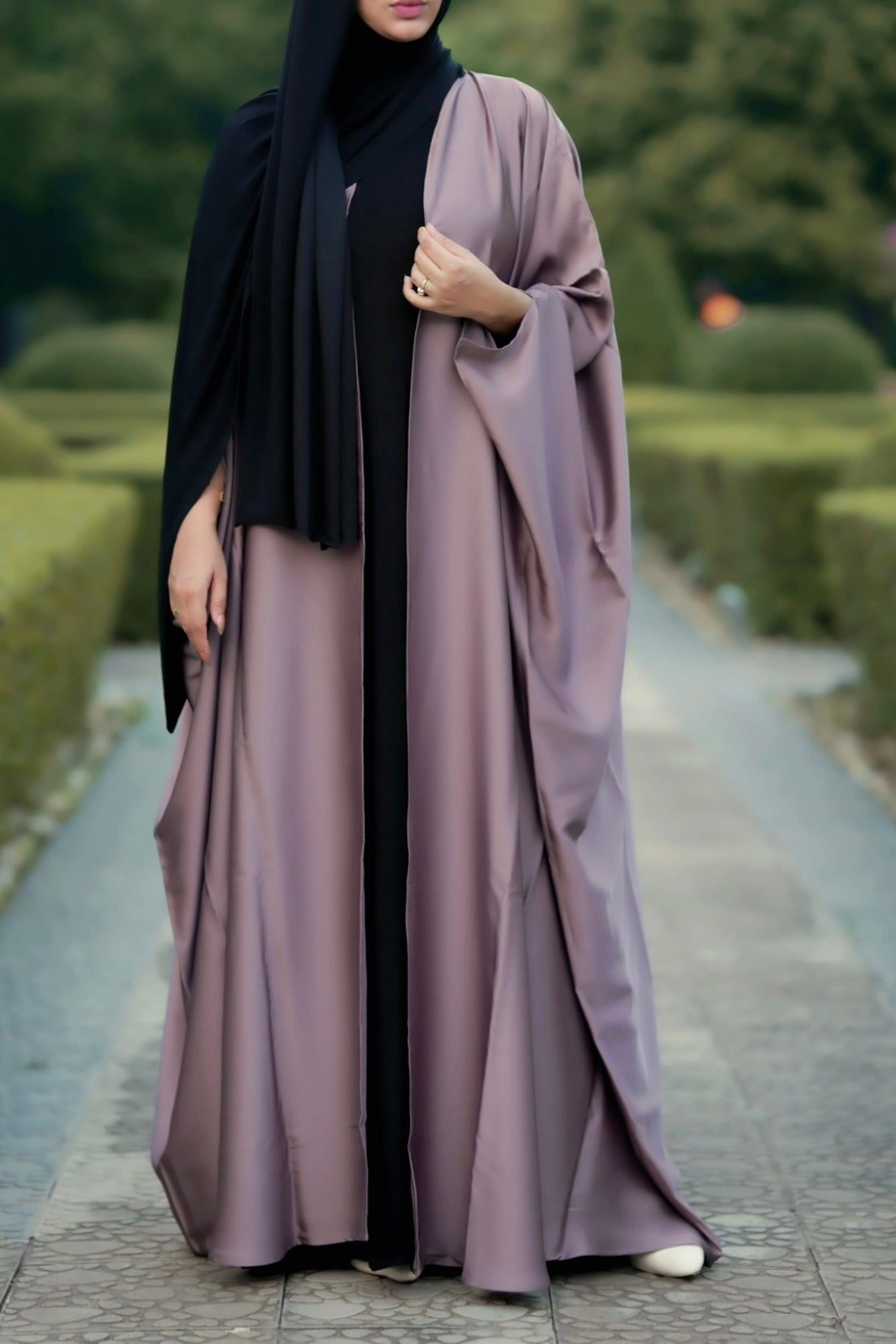 Premium front open cape abaya design in taupe Orchid Silk for exclusive occasion wear