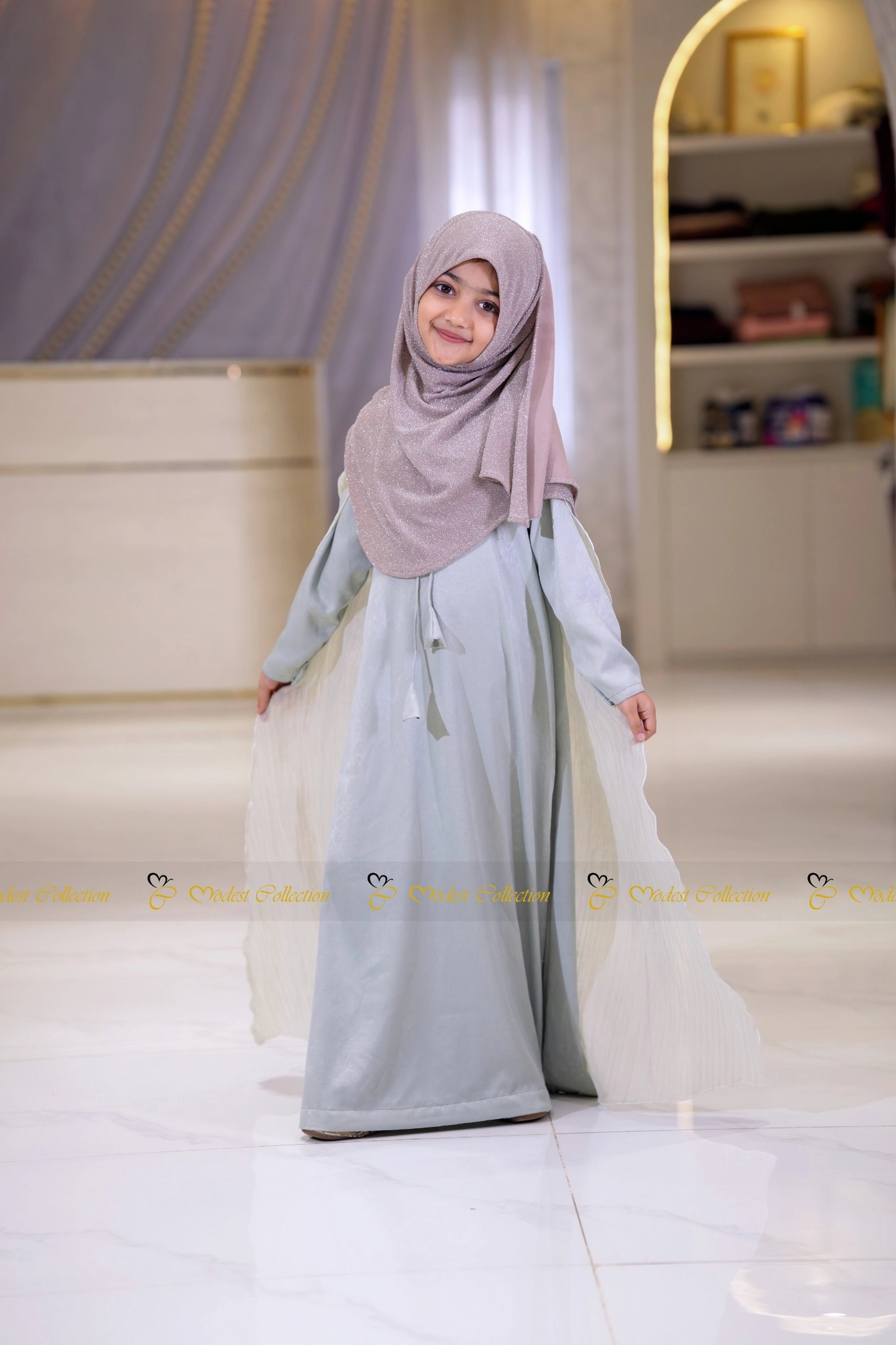 Elegant icy blue mom daughter matching cape abaya dress for girls in luxury modest fashion
