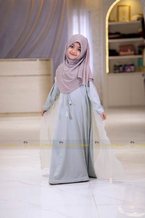 Elegant icy blue mom daughter matching cape abaya dress for girls in luxury modest fashion