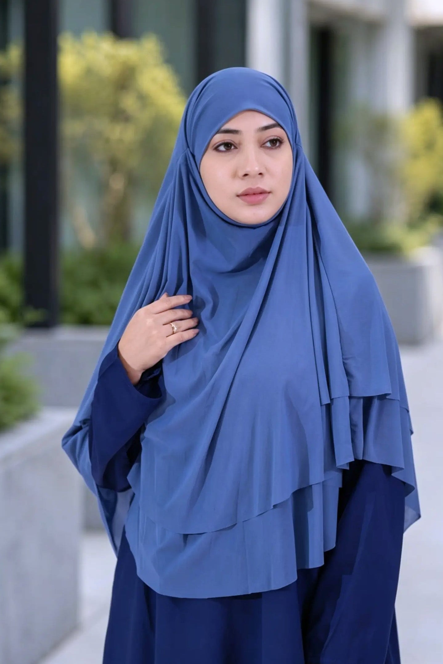 Modest short jilbab in breathable mesh fabric for everyday and Umrah.