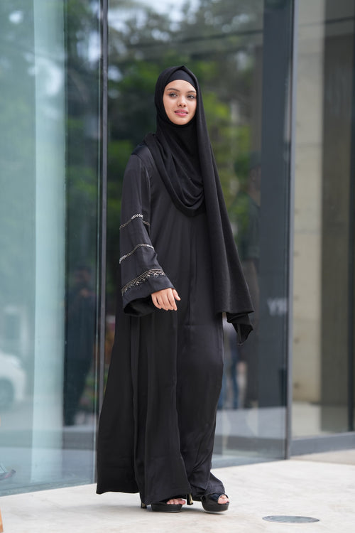 Modest Collection Andalus Abaya crafted from signature premium soft saffron fabric with a royal and elegant modern design for women seeking luxury modest wear.