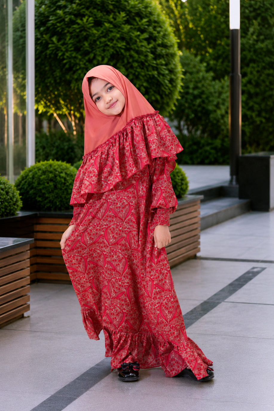Mother and daughter wearing matching Lyra modest dresses in georgette fabric.