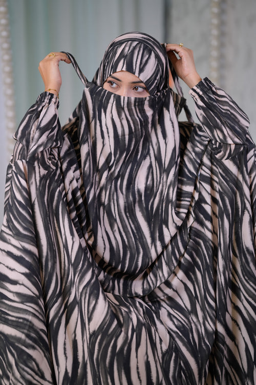 Front view of the Fluid Wave Georgette Khimar showcasing its flowing 62-inch silhouette and summer-friendly lightweight drape.