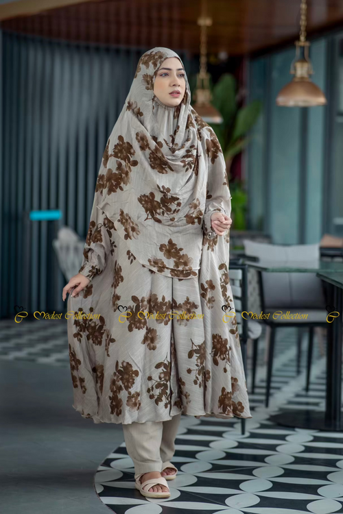 Slub-cotton Niqab Khimar Olive floral
