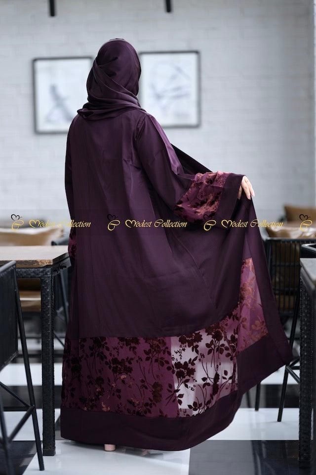 Nowshin three pc Kimono Abaya set Dark Purple - Modest Collection