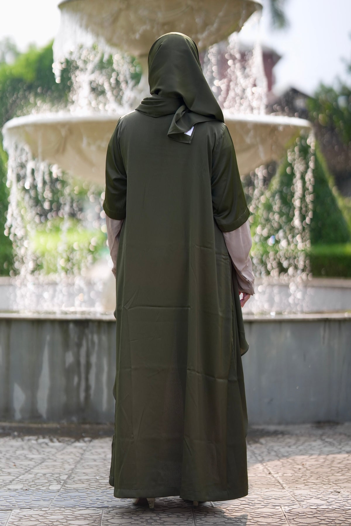 Premium Saffron and cherry fabric texture and zipper-locked side pocket of Waterfall Olive Abaya