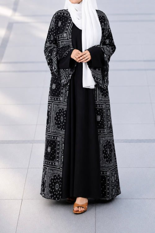 Front view of the Petra monochrome georgette open shrug in a minimalist floor-length style.