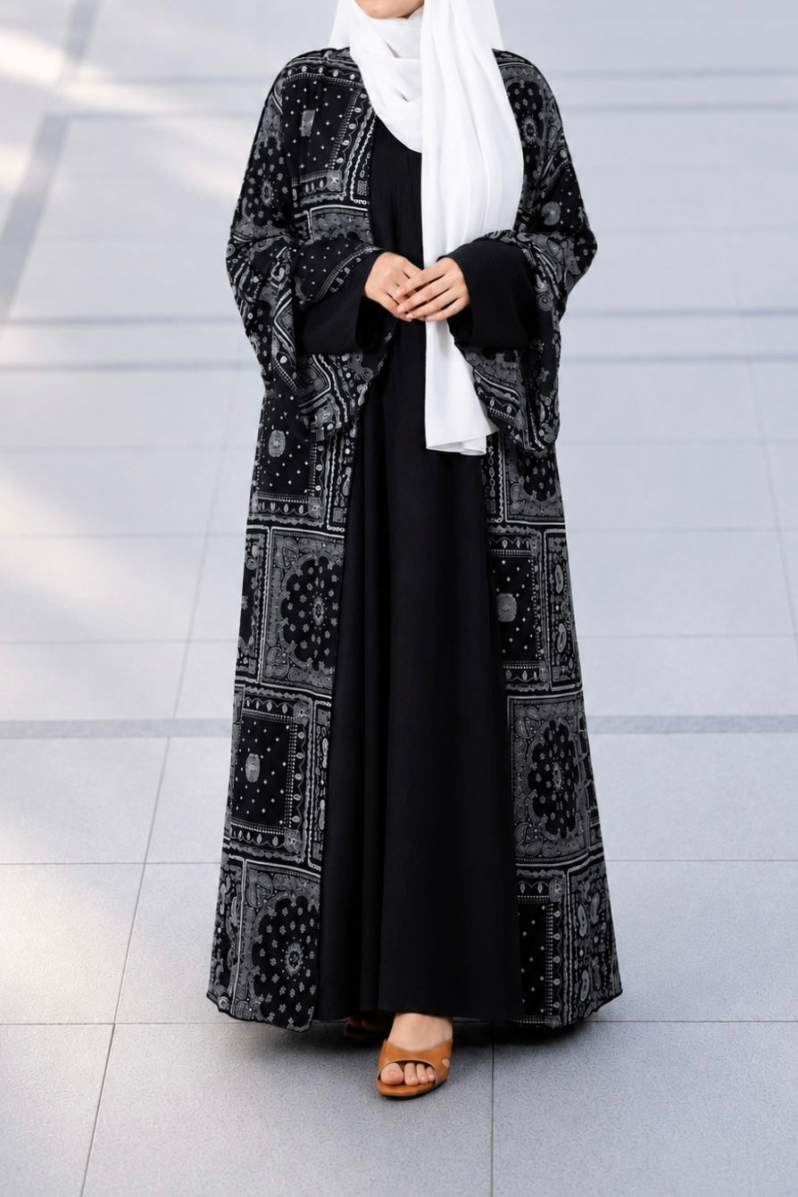 Front view of the Petra monochrome georgette open shrug in a minimalist floor-length style.