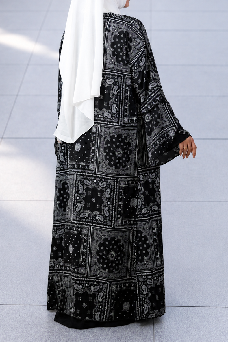 Full-length display of the Petra open layering shrug paired for a clean, modest aesthetic.