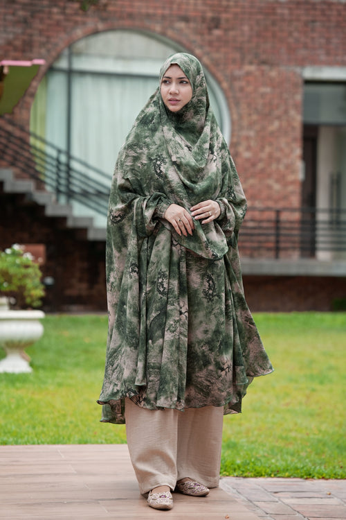 Sage Smoke Georgette Khimar in an abstract green watercolor print featuring a smocked chin line and full coverage drape.