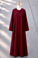 Maroon slip dress abaya with 80-inch flare and front zipper opening in premium cherry fabric