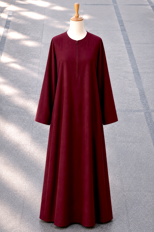 Maroon slip dress abaya with 80-inch flare and front zipper opening in premium cherry fabric
