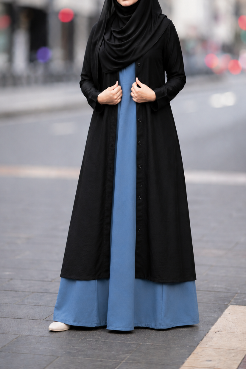 Woman wearing a black and blue abaya on a city street.