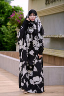 Lightweight, summer-friendly full-length printed black jilbab crafted from quality non-transparent georgette material.