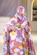 Woman wearing linen khimar with elegant modest fashion styling