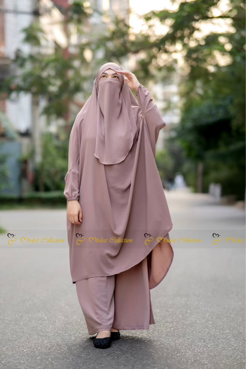 A person wearing a brown jilbab with a niqab, standing on a street.