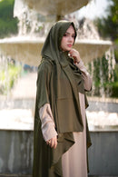 Close-up of Waterfall Olive Abaya showing unique double-sleeve design and zipper pockets