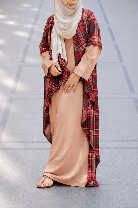 Waterfall Shrug Abaya Checkered Red