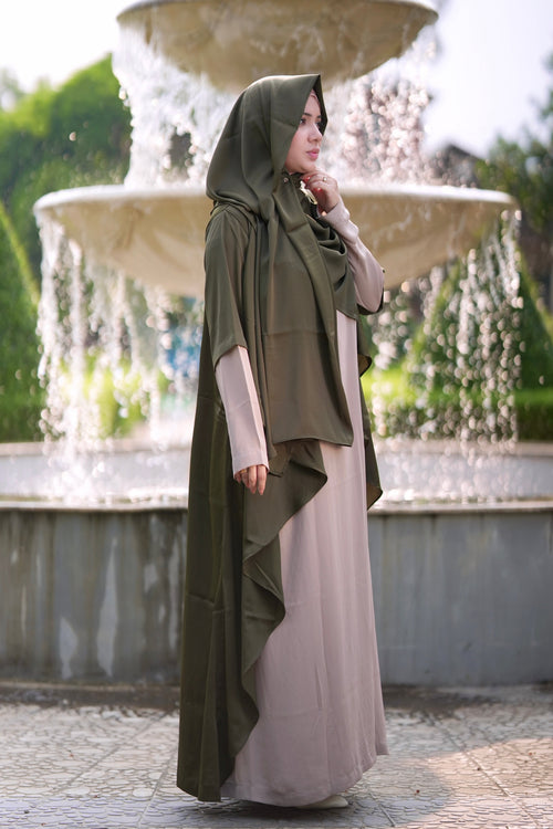 Side profile of Waterfall Abaya Olive showing modest silhouette and comfortable fit