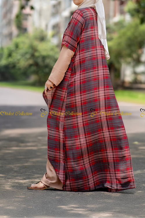 Waterfall Shrug Abaya Checkered Red